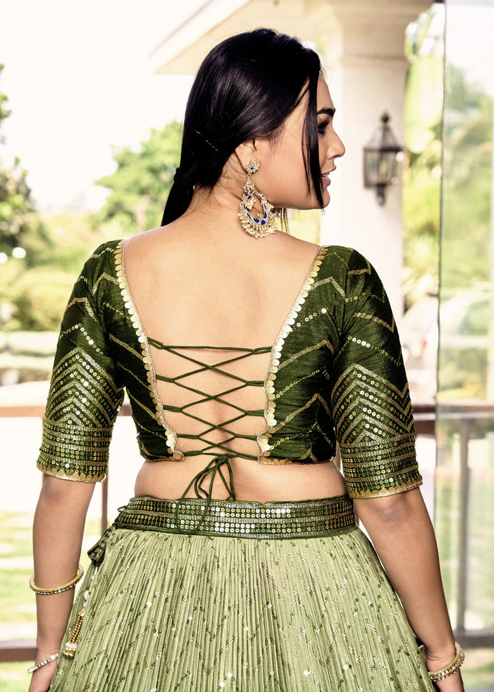 Mehendi Green Chinon Silk Lehenga With Sequence and Thread Embroidery Work