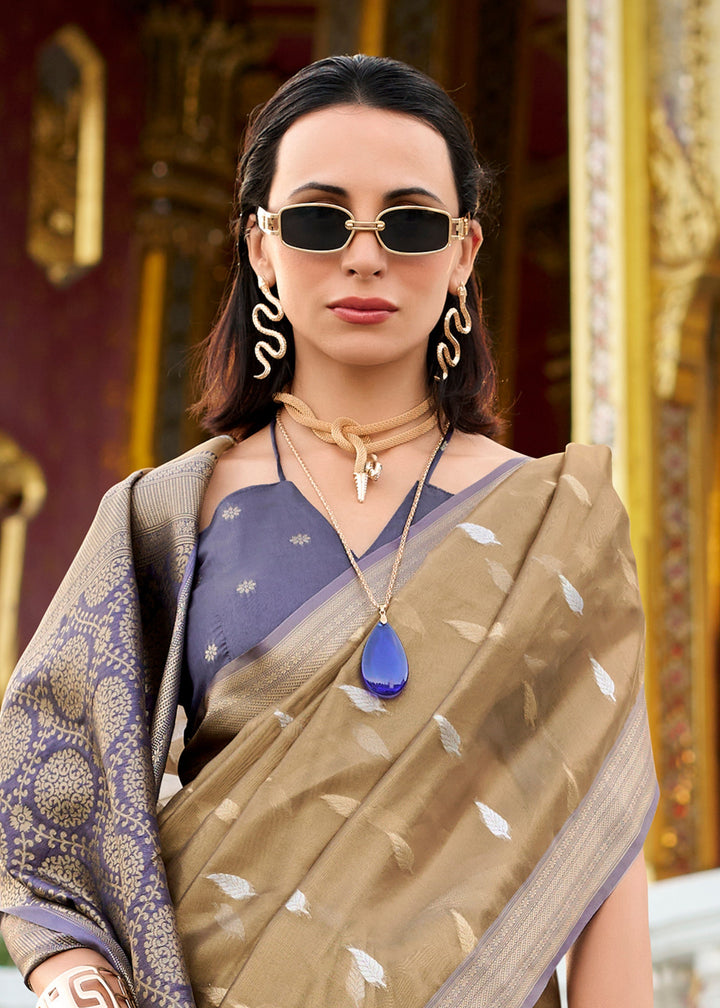 Sand Brown & Blue Tissue Silk Saree With Zari Weaving And Contrast Blouse