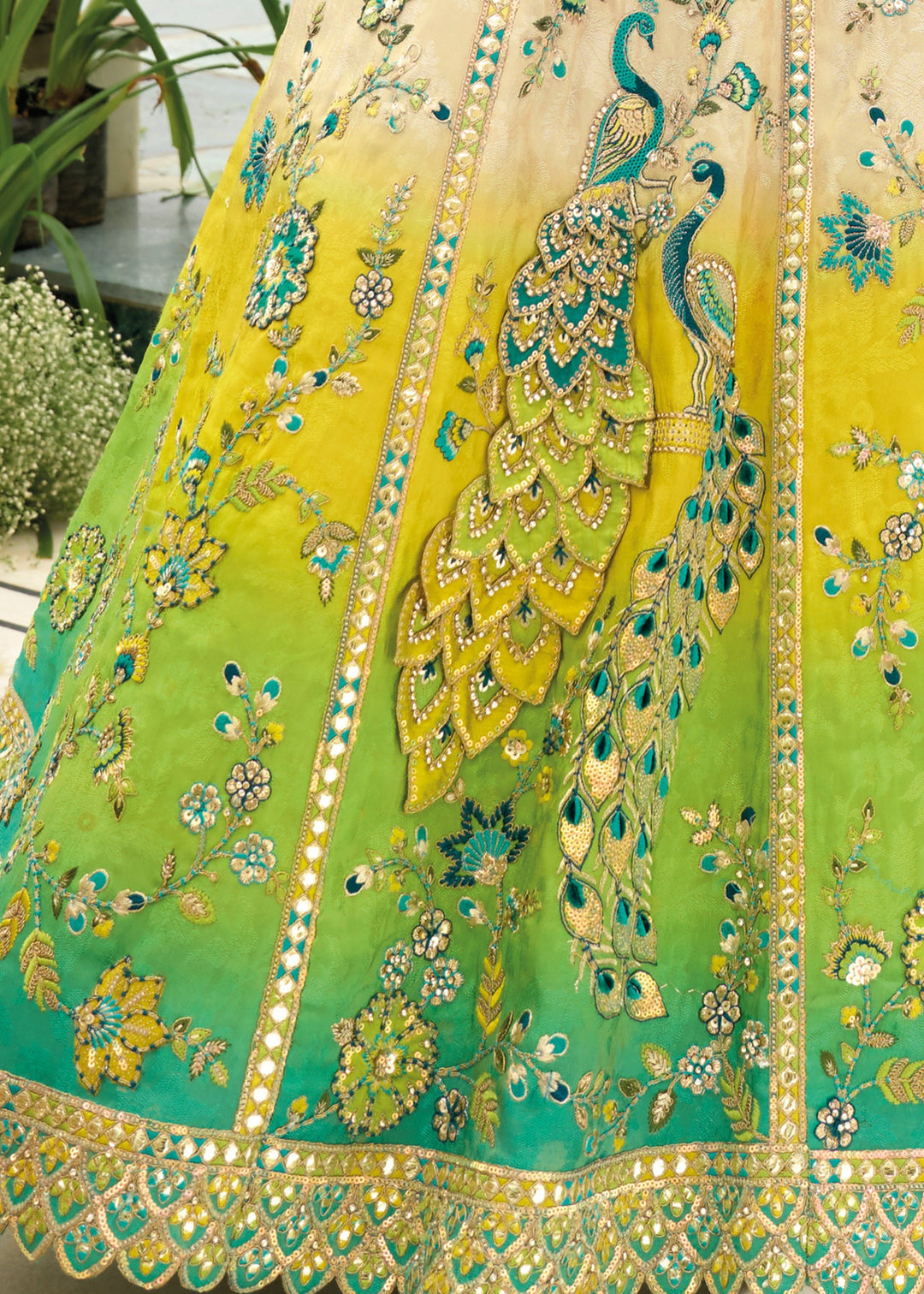 Green And White Banarasi Silk Lehenga With Heavy Embroidery Work