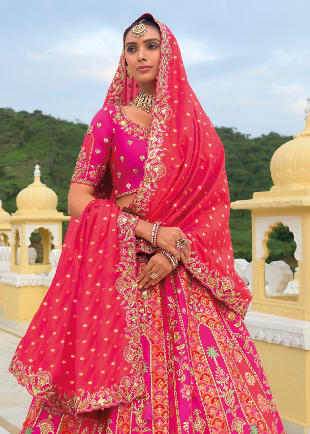 Magenta Pink And Orange Banarasi Silk Lehenga With Heavy Embroidery Work