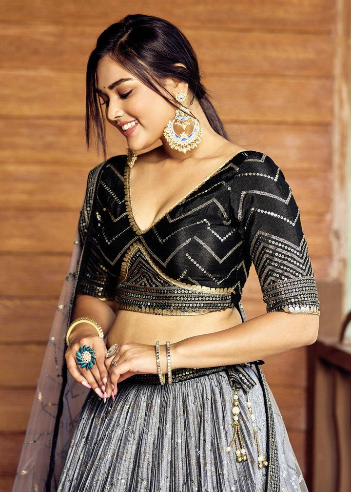 Sparkle Black Chinon Silk Lehenga With Sequence and Thread Embroidery Work