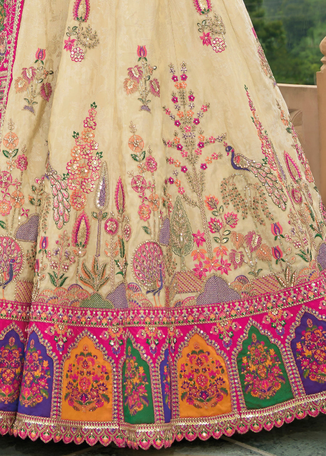 Pink And Cream Banarasi Silk Lehenga With Heavy Embroidery Work