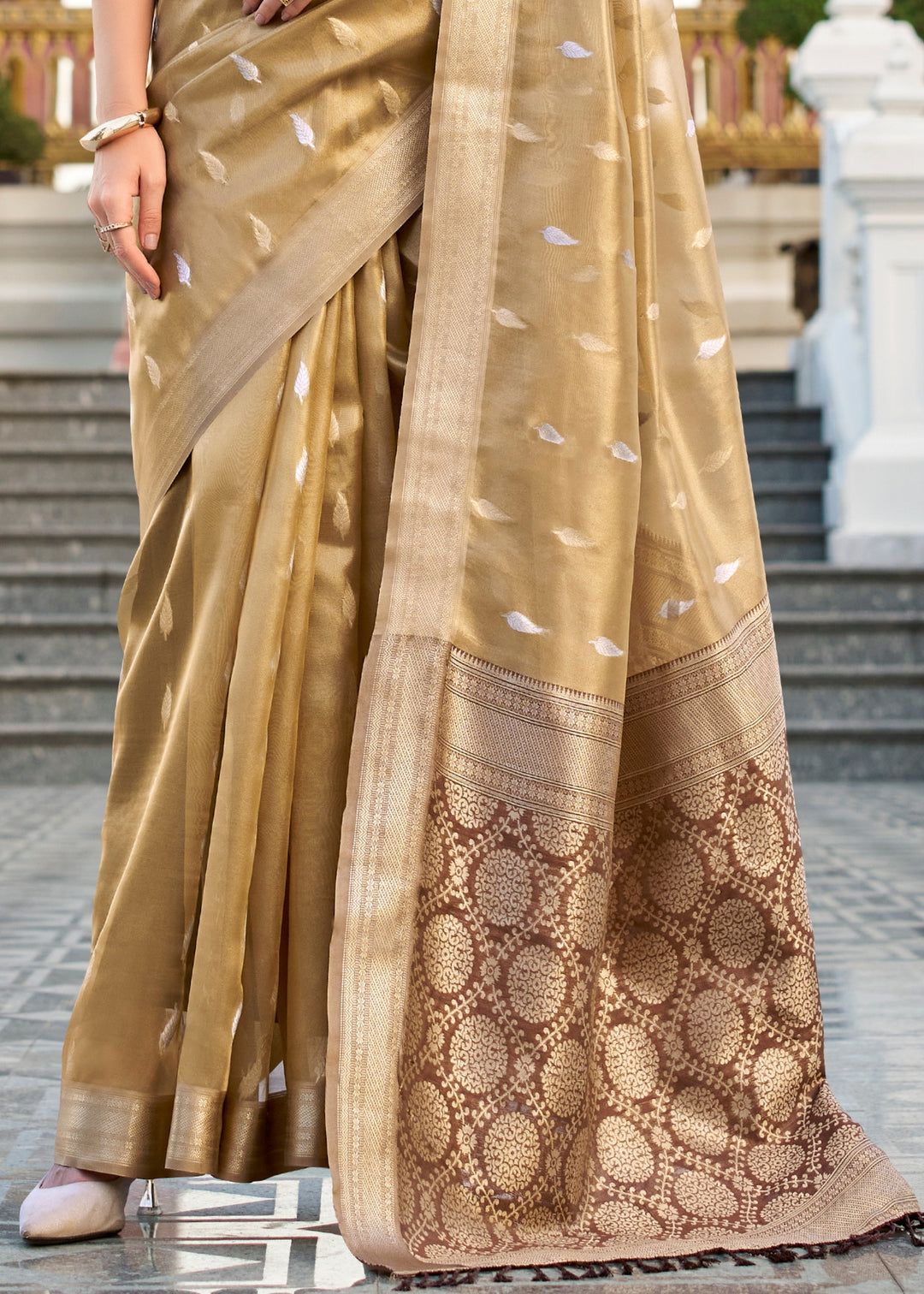 Golden Brown Tissue Silk Saree With Zari Weaving And Contrast Blouse