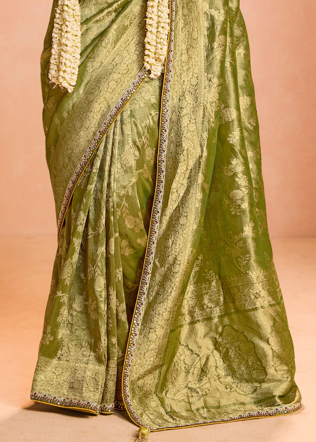 Lime Green Zari Tissue Silk Saree With Weaving Work And Heavy Embroidery Lace