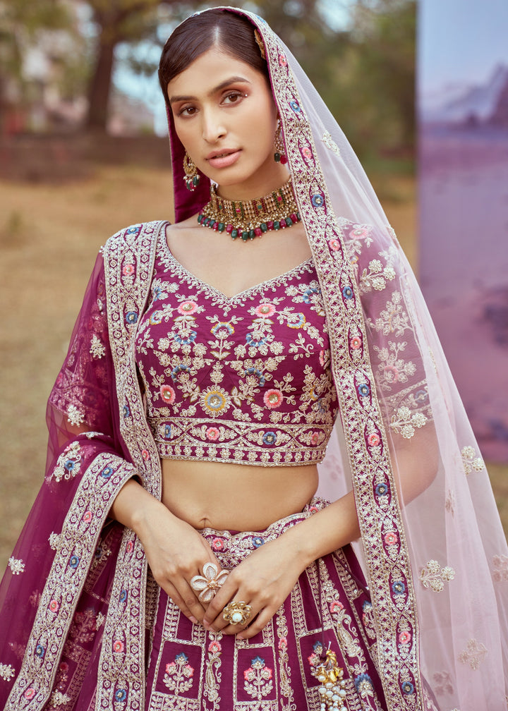 Purple Pure silk Moti, Coding embroidery Bridal Lehenga