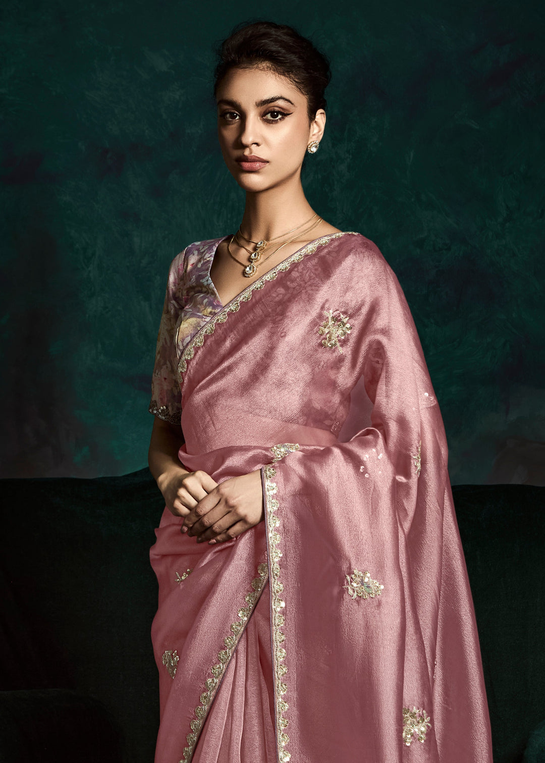 Pretty Pink Fancy Fabric Silk Saree With Sequins And Thread Embroidered Butti Work