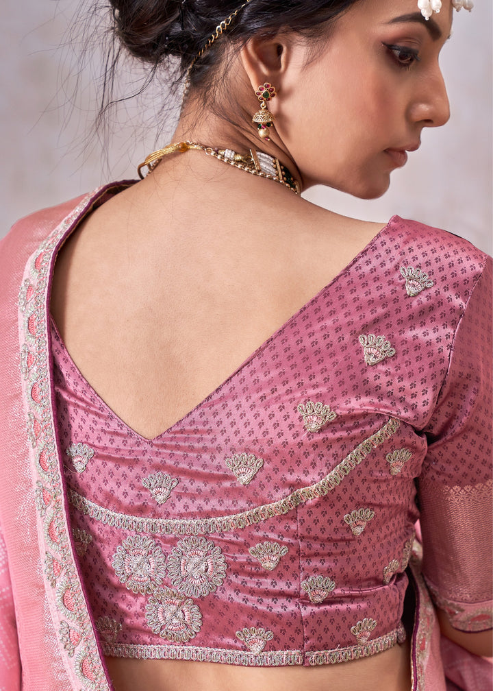 Blush Pink Satin Silk Saree With Heavy Embroidery Lace & Blouse