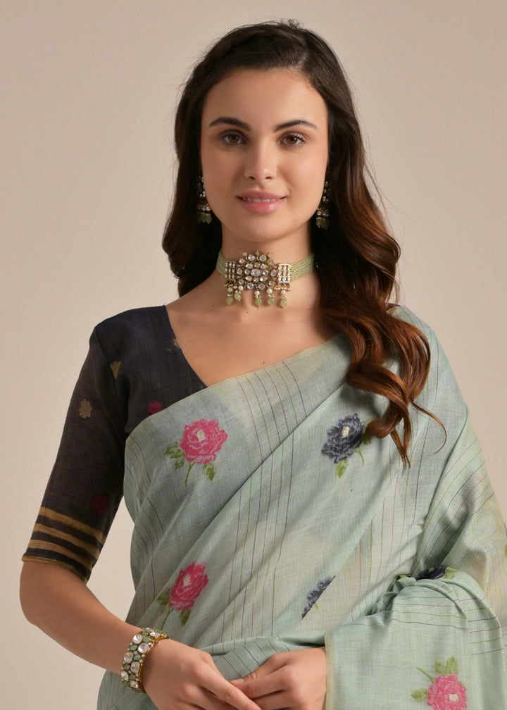 Cadet Blue Thread Woven Cotton Saree With Contrast Blouse