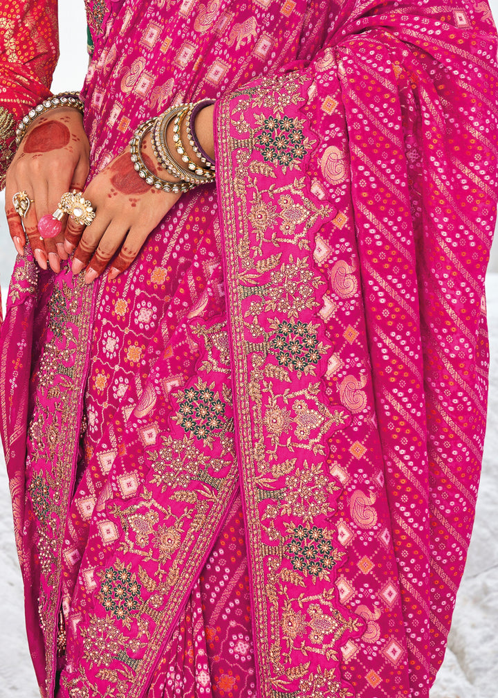 Barbie Pink Pure Georgette Bandhani Patola With Zari Weaving Heavy Work Saree