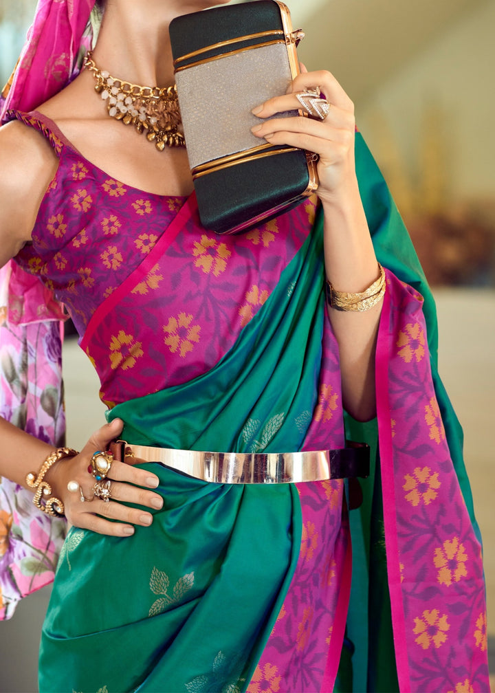 Pine Green Soft Silk Saree With Ikkat Border