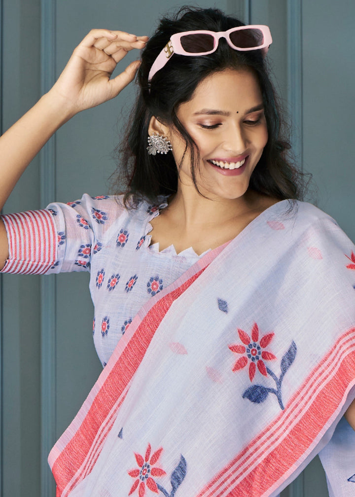 Powder Blue Handloom Linen Silk Saree with Beautiful Weaving