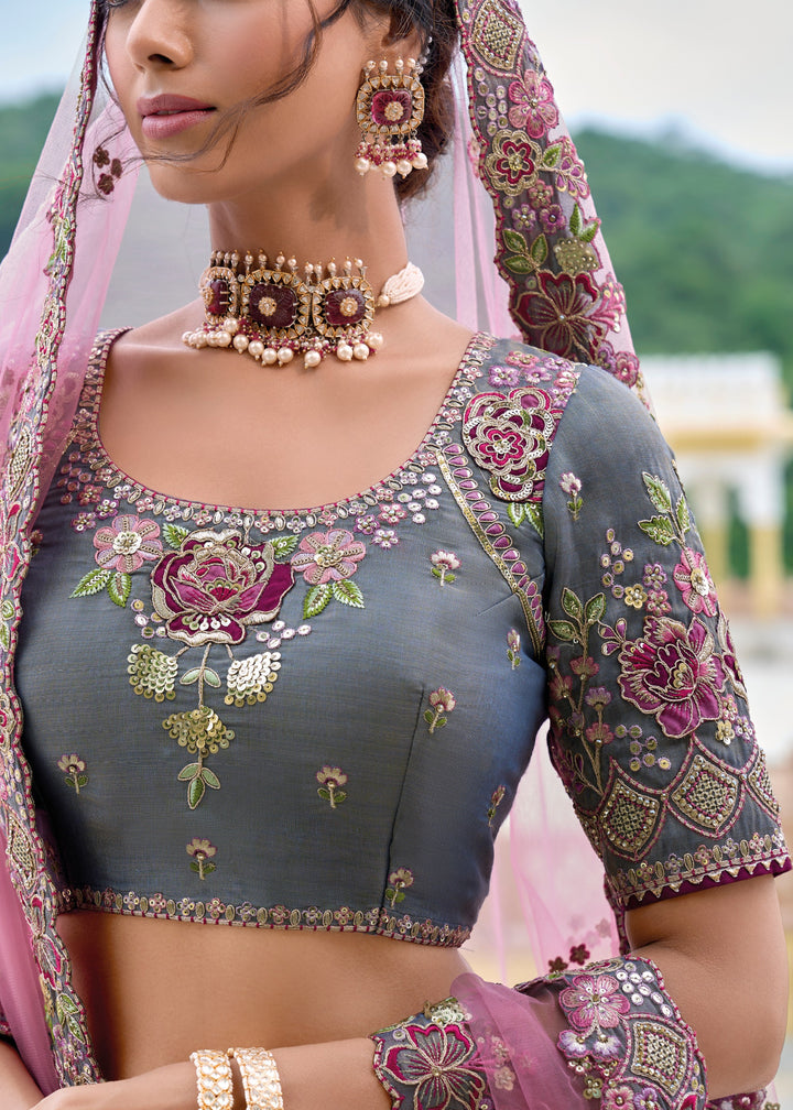 Anchor Grey and Light Purple Viscose Tissue Lehenga Choli with Embroidery Work