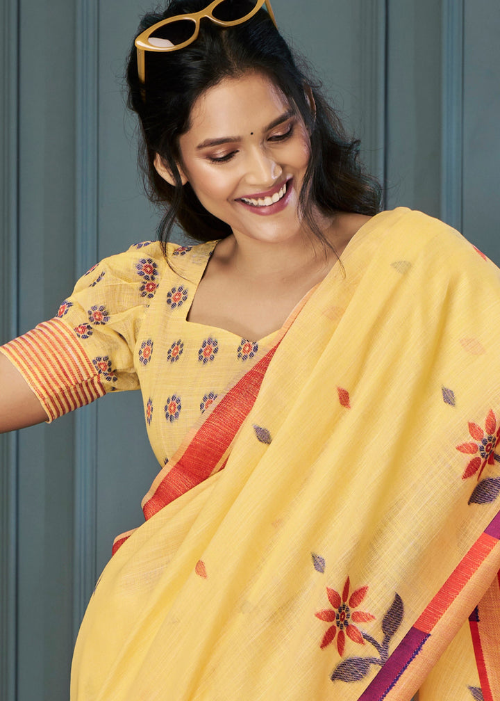 Bright Yellow Handloom Linen Silk Saree with Beautiful Weaving