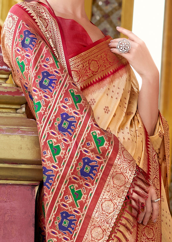 Cream Tusser Handloom Silk Saree With Zari Weaving Border & Patola Weaved Pallu