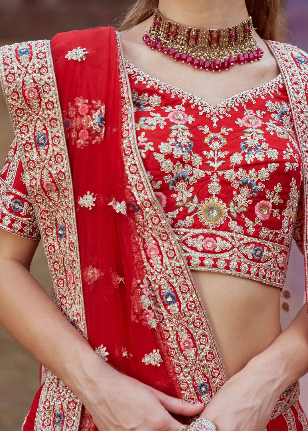 Red Pure silk Moti, Sequins embroidery Bridal Lehenga