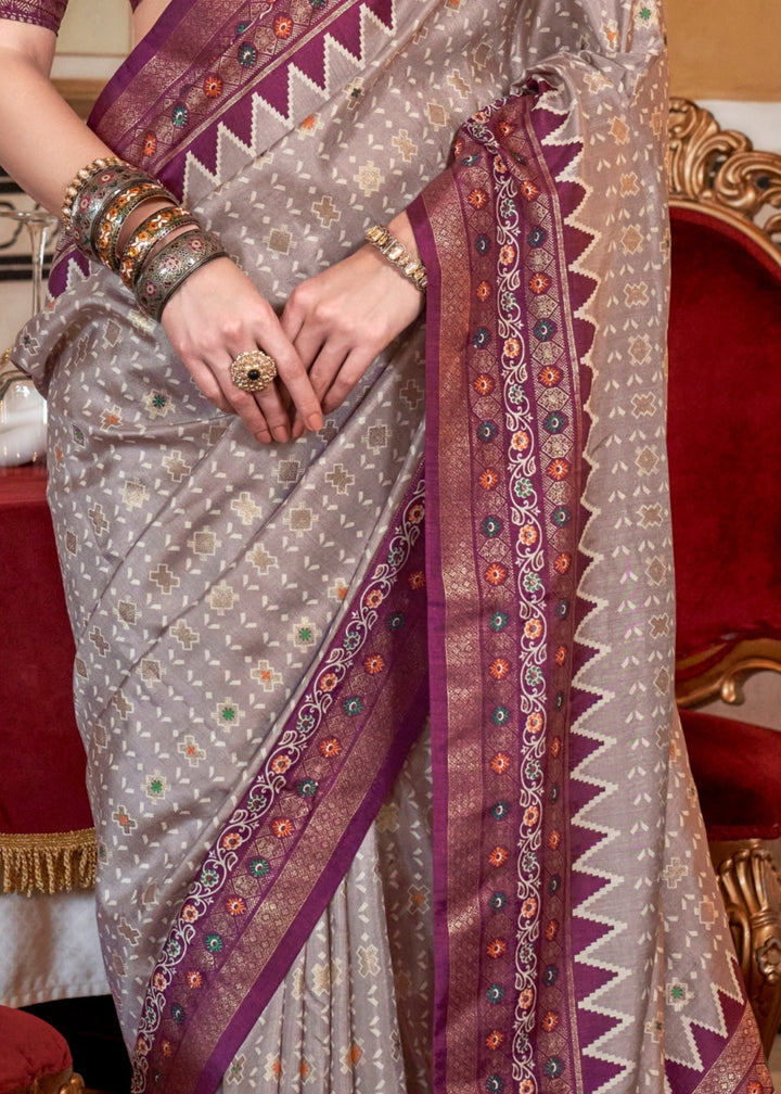 Misty Grey Silk Saree With Traditional Classic Design