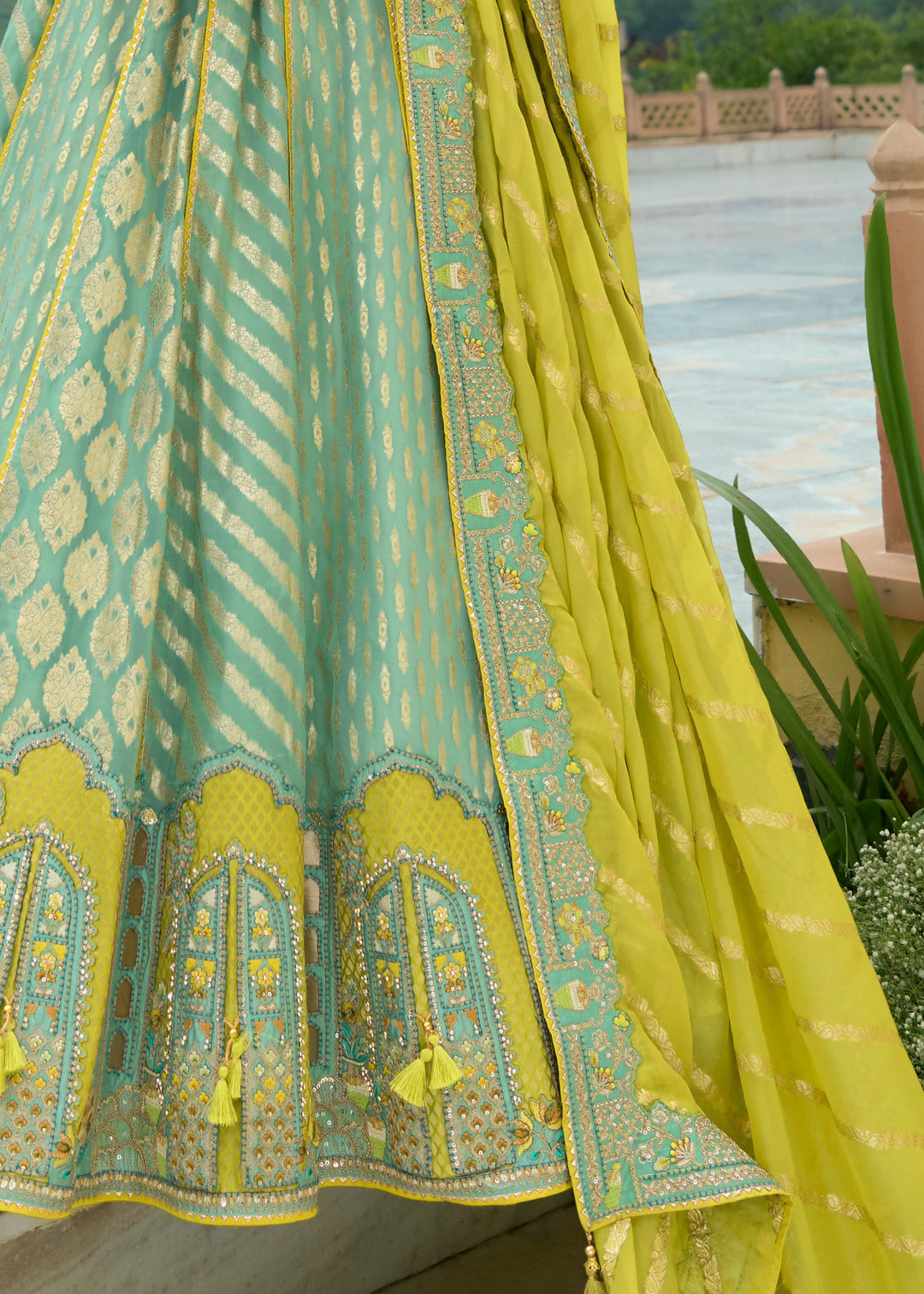 Mint Green Banarasi Silk Lehenga With Heavy Embroidery Work