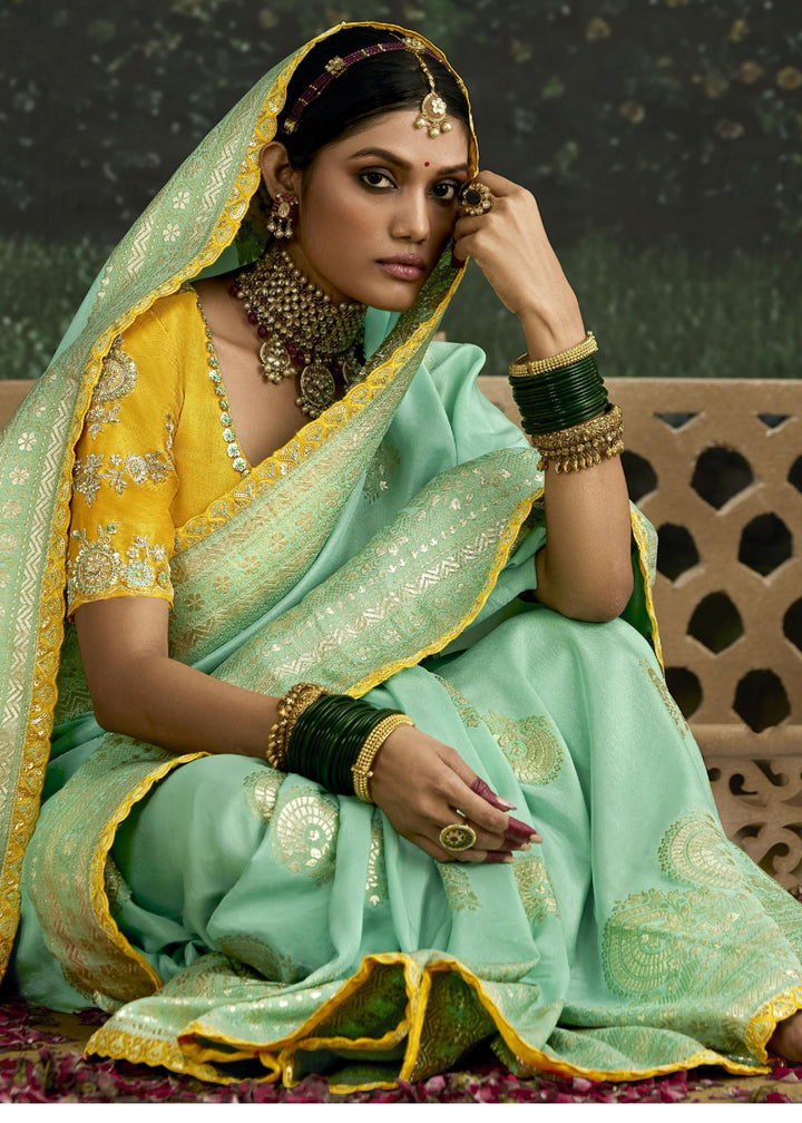 Pastel and Yellow Viscose silk Saree with Zari work