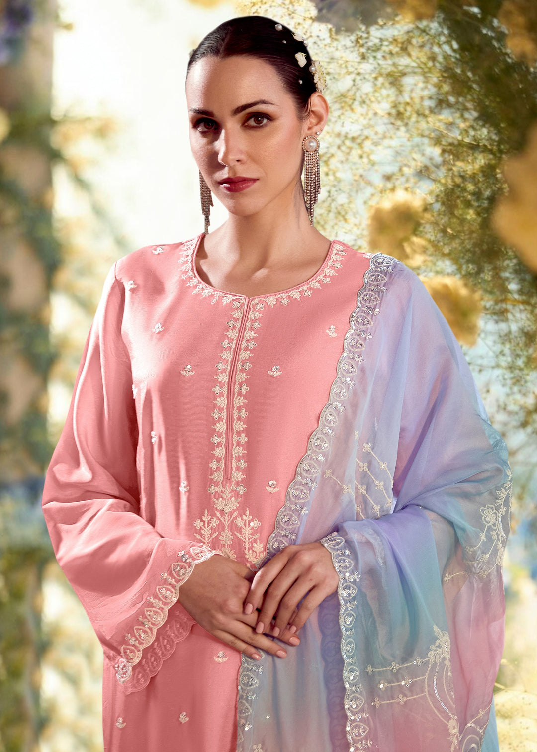 Pastel Pink Modale Silk Salwar Suit With Embroidery