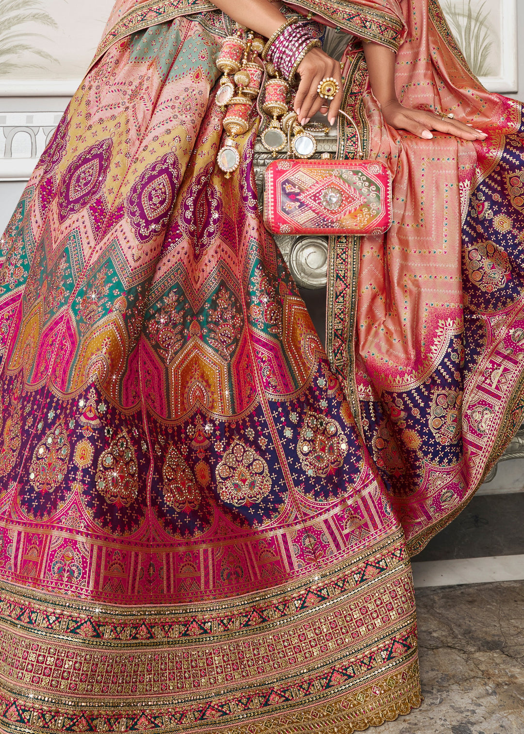 Green & Pink Banarasi Silk Lehenga with Zarkan Codding work