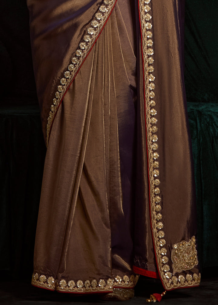 Mocha Brown Fancy Fabric Silk Saree With Sequins And Thread Embroidered Butti Work