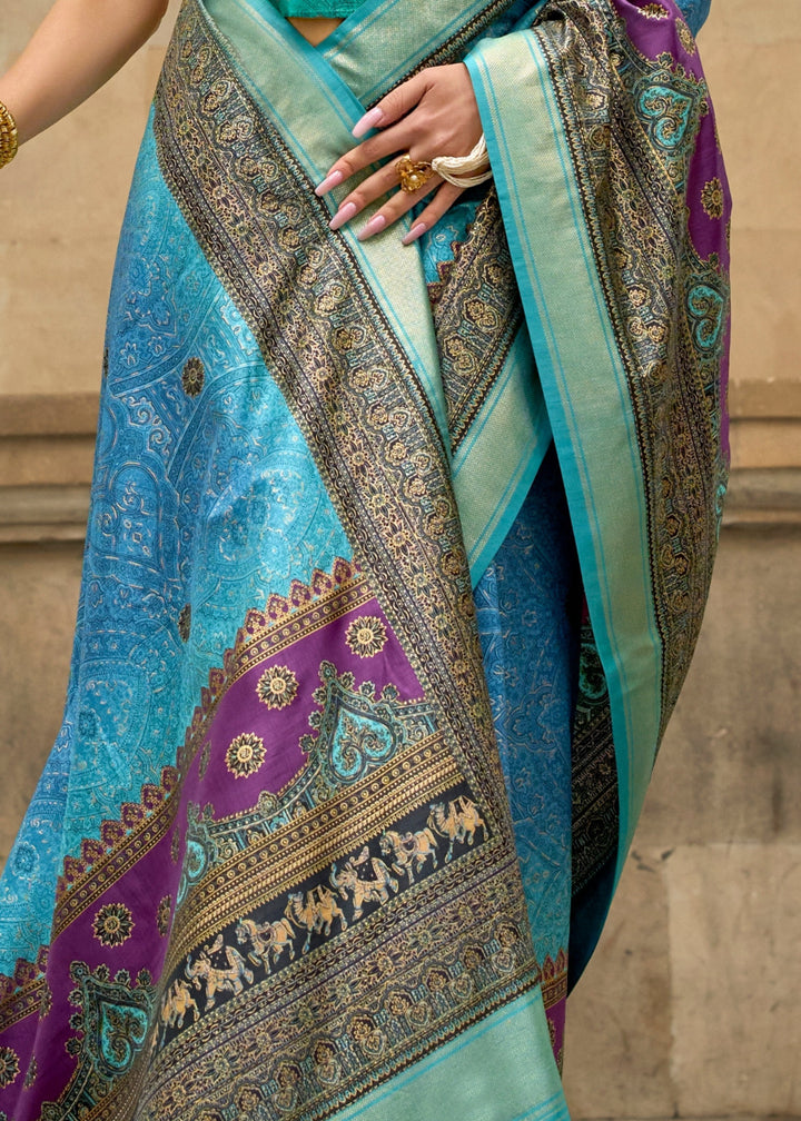 Light Blue Poly Viscose Silk Saree With Foil Print