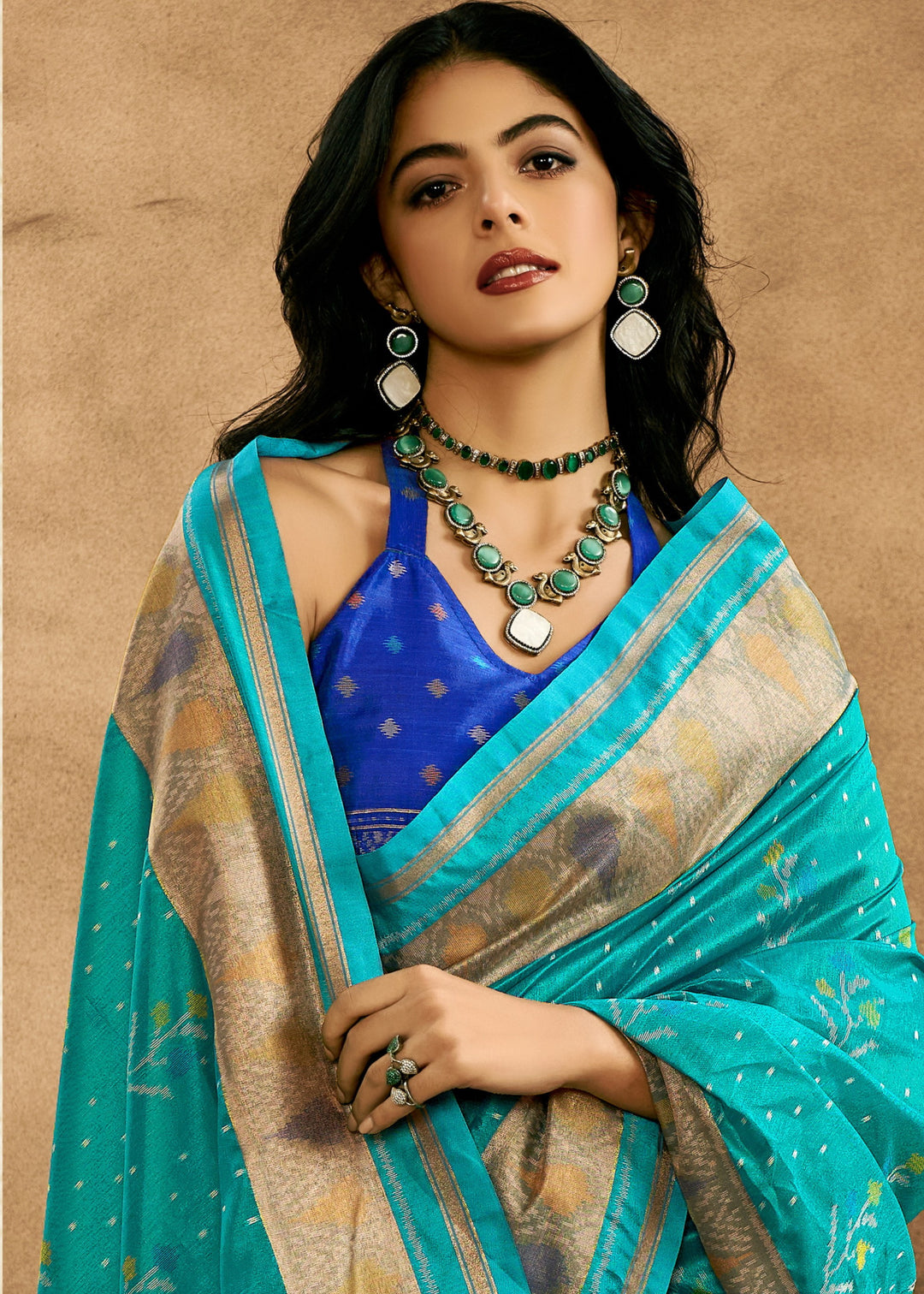 Aqua Green Patola Handloom Weaving Silk Saree