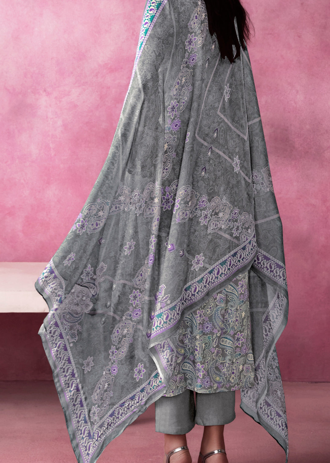 Grey - Purple Pure Muslin Salwar Suit