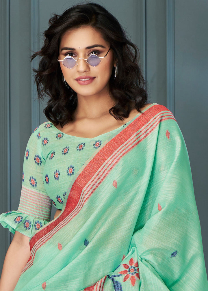 Mint Green Handloom Linen Silk Saree with Beautiful Weaving