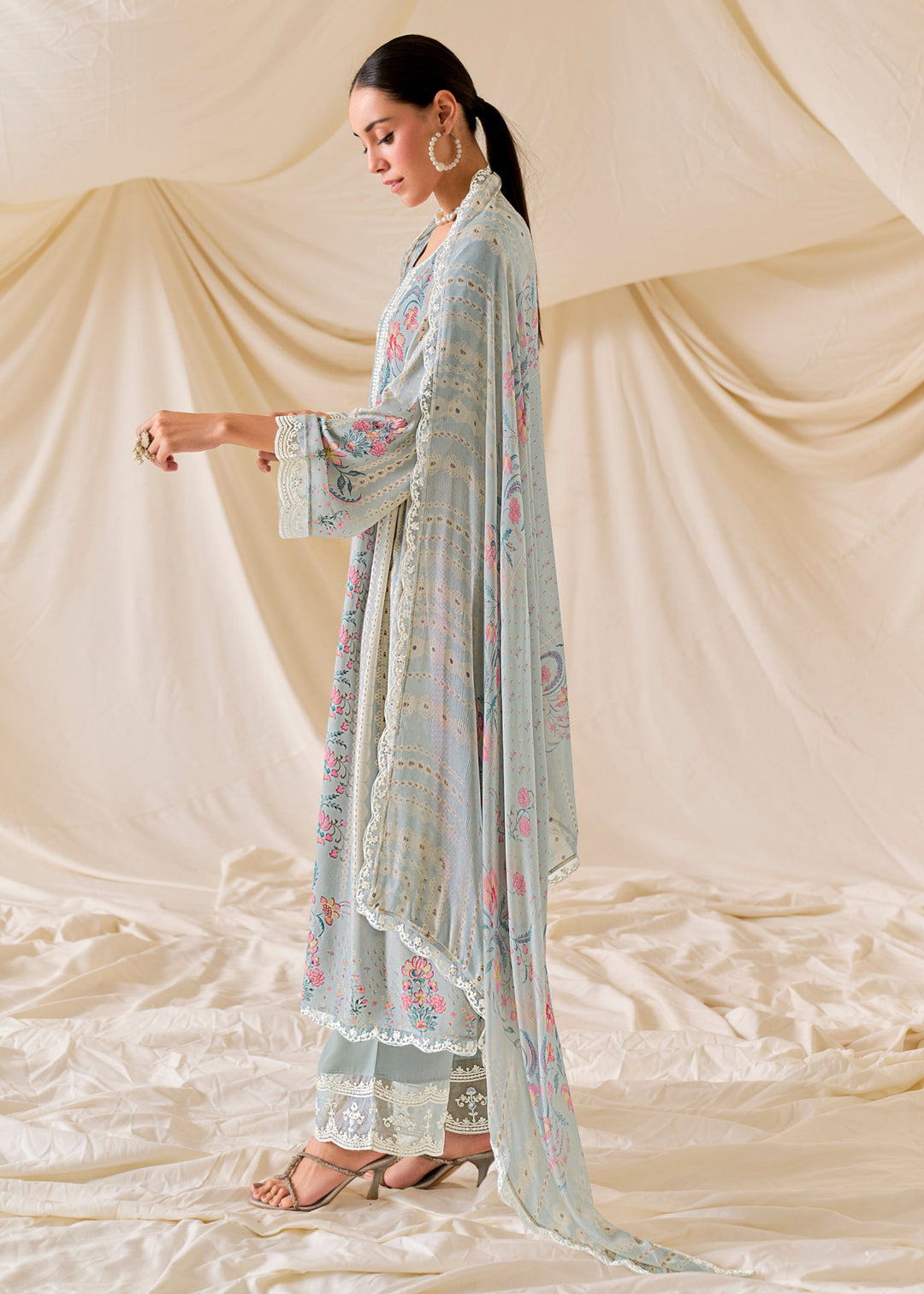 Grey Pure Muslin Salwar Suit with Dori Embroidery