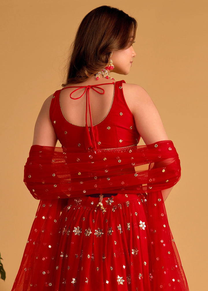 Scarlet Red Georgette Lehenga Choli With Sequins Zari Embroidered Work