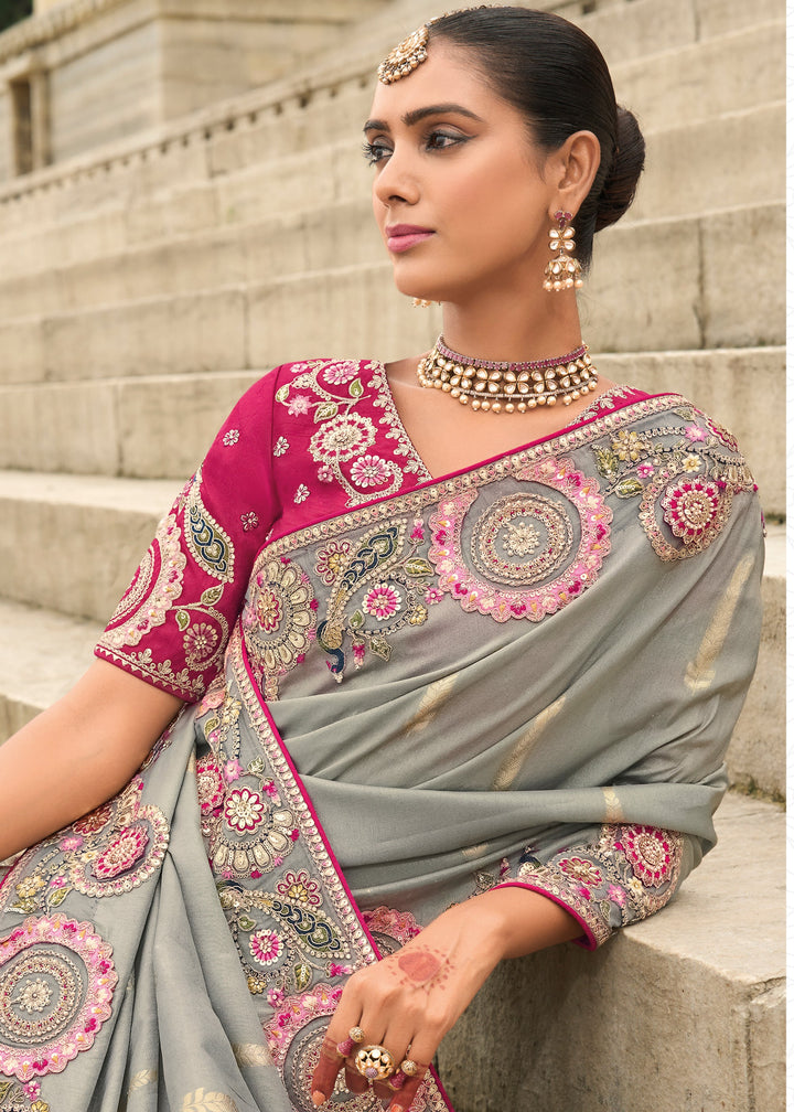 Flint Grey Viscose Tissue Silk Saree With Embroidery Cut Work Border And Sequence Work