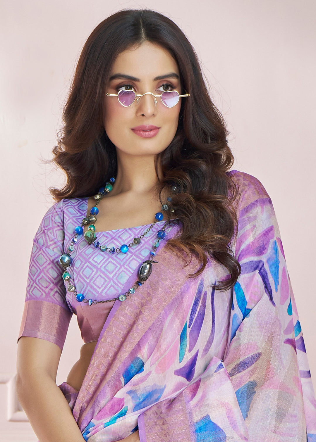 Lavender Purple Soft Zari Based Modal Silk Saree With Beautiful Colorfull Print