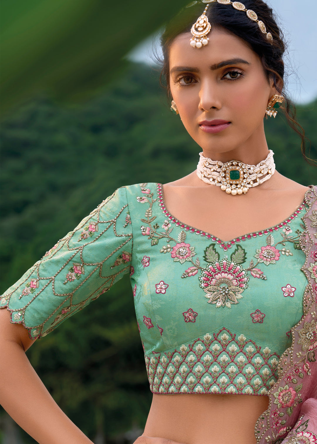 Mint Green and Pink Viscose Tissue Lehenga Choli with Embroidery Work