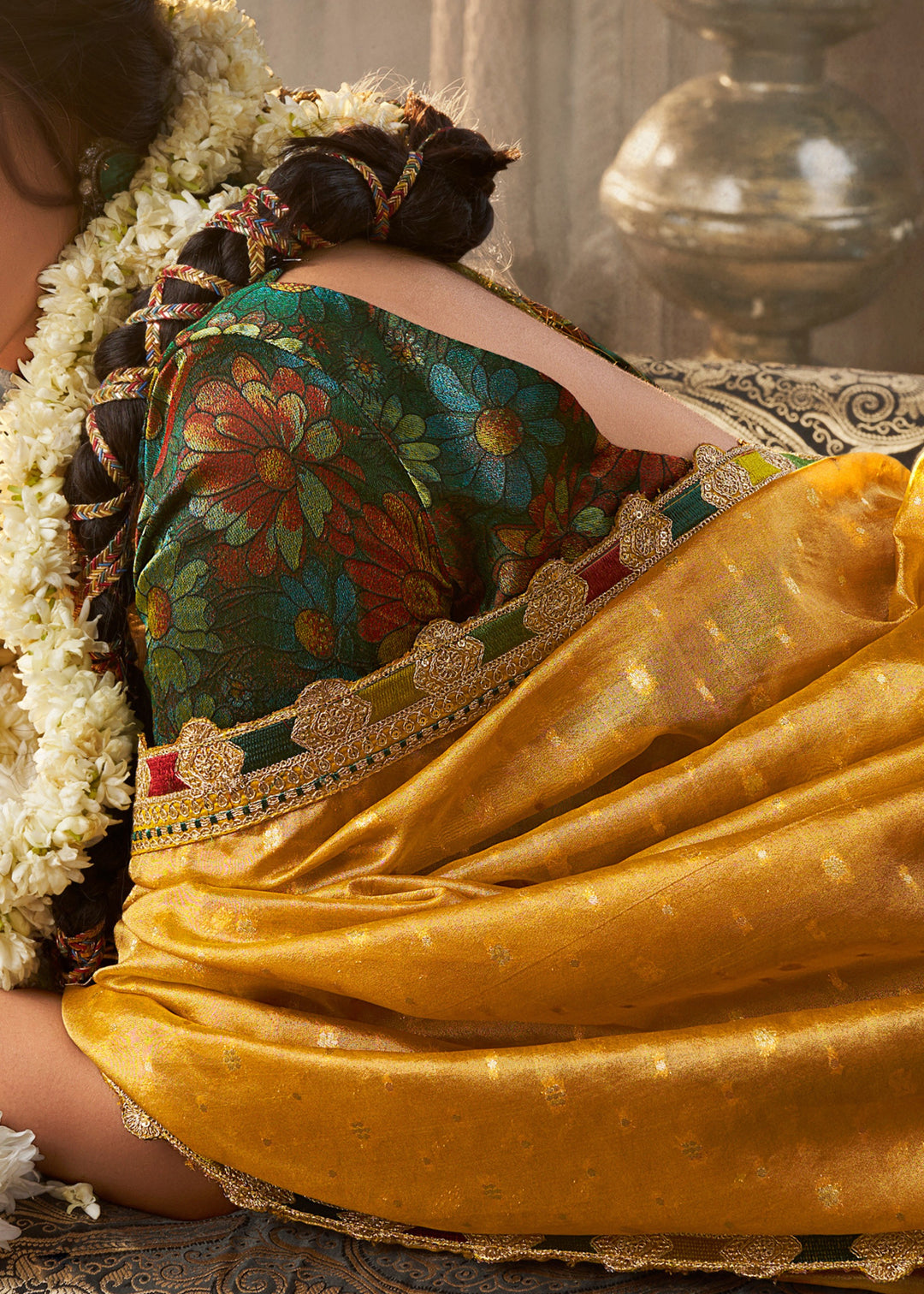 Tuscany Yellow Tissue Silk Saree With Multicolored Lace & Designer Blouse