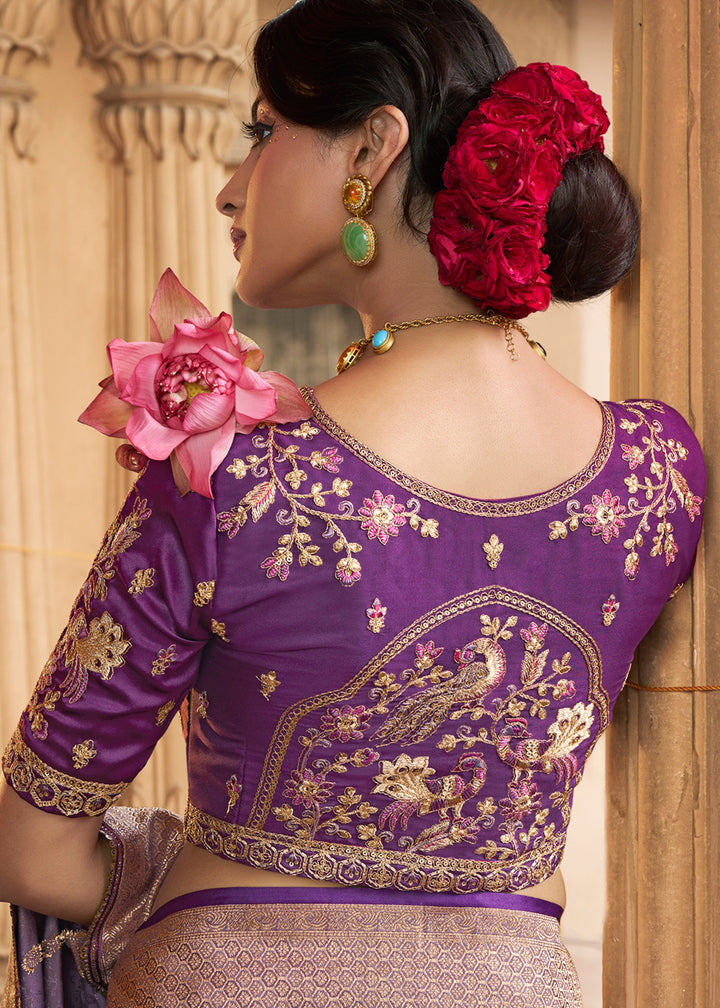 Amethyst Purple Satin Silk Saree With Beautiful Lace Border And Heavy Designer Embroidered Blouse