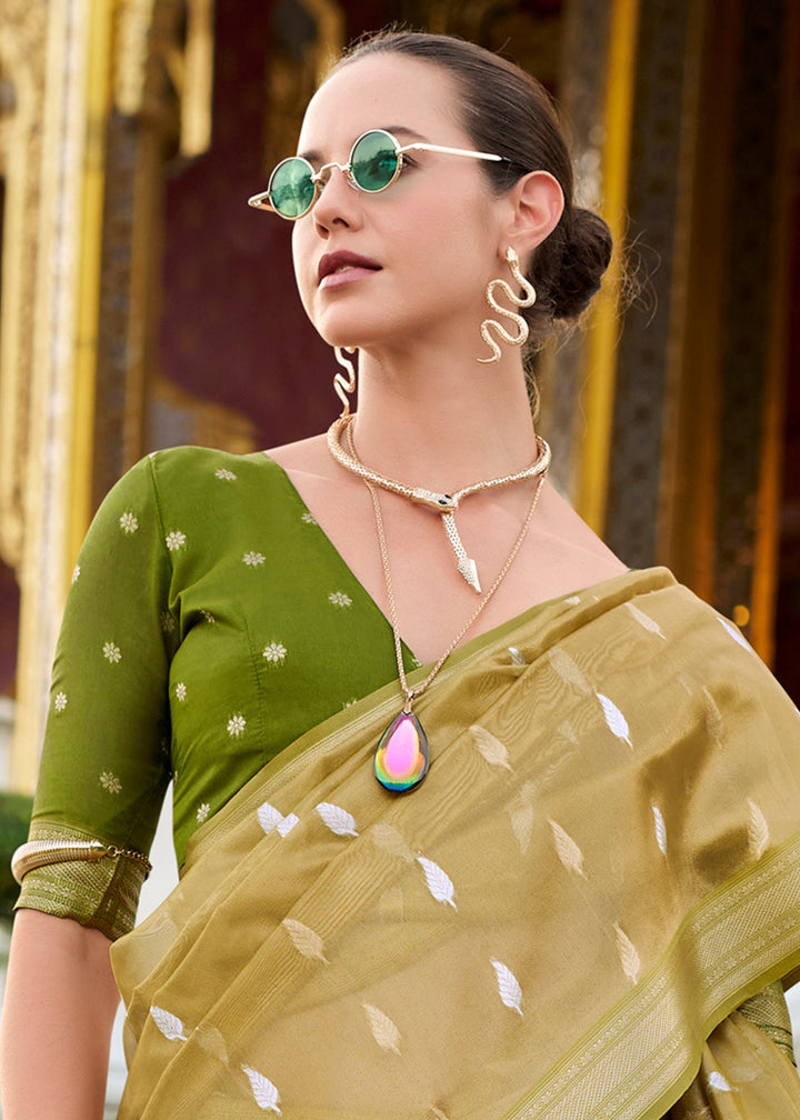 Mehendi Green Tissue Silk Saree With Zari Weaving And Contrast Blouse