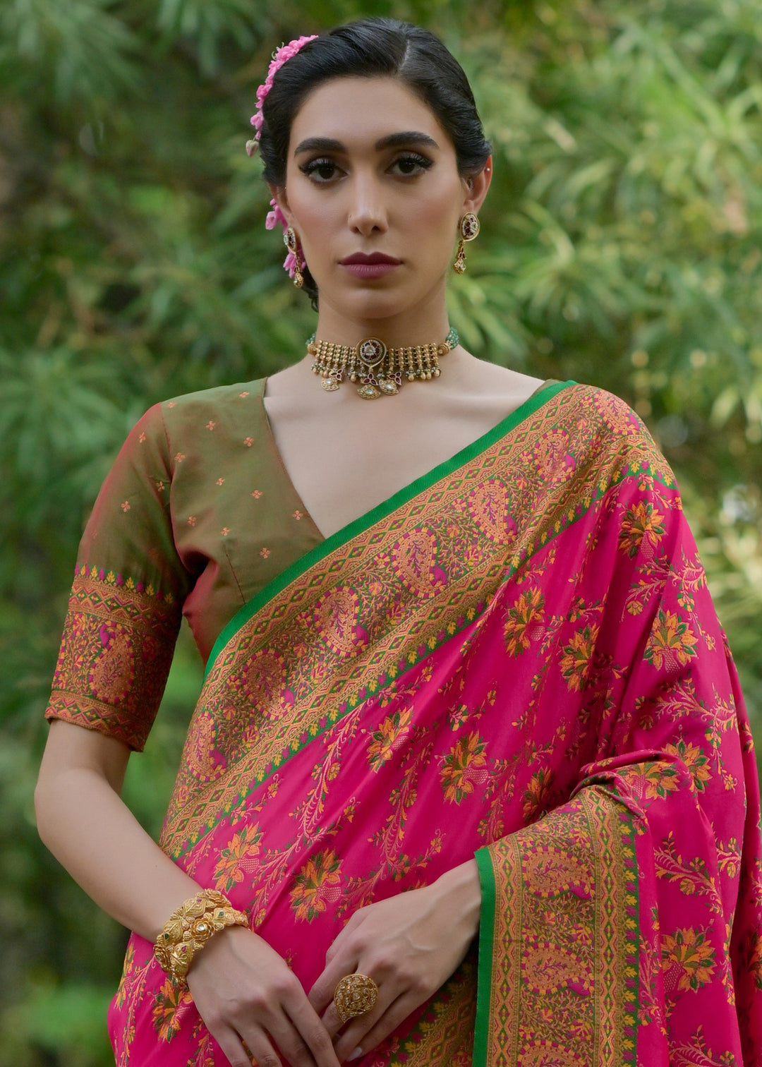 French Pink Thread Woven Pashmina Silk Saree With Heavy Thread Woven Pallu