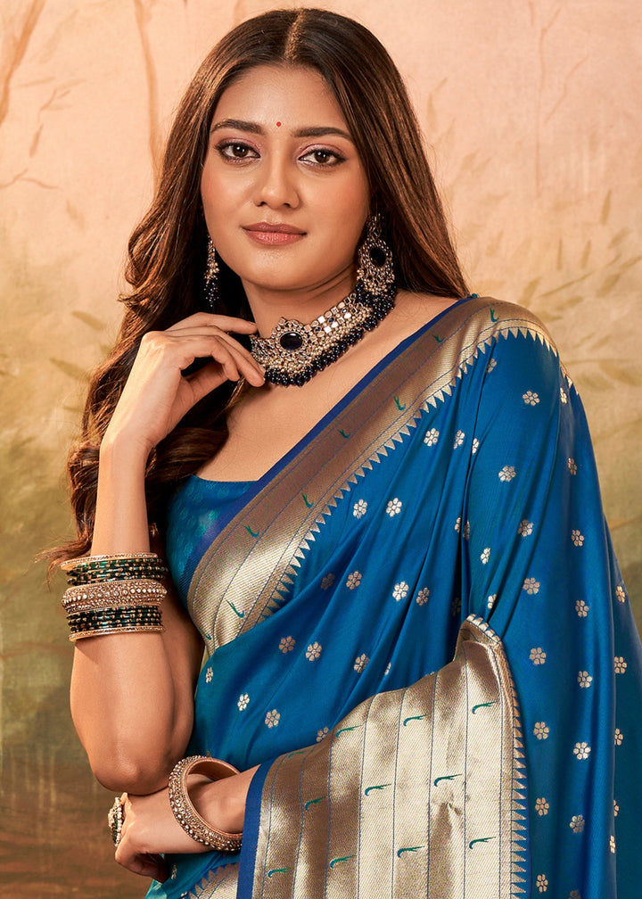 Dark Blue Paithani Silk Saree With Zari Weaving