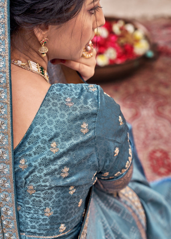 French Blue Satin Silk Saree With Heavy Embroidery Lace & Blouse