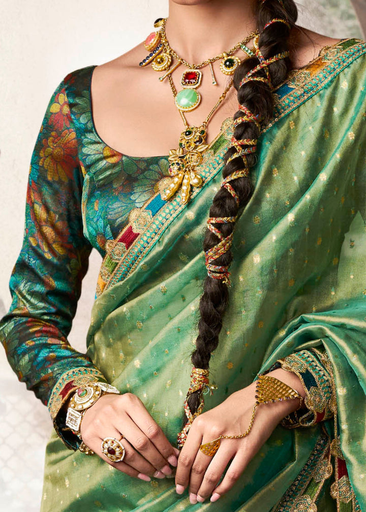 Viridian Green Tissue Silk Saree With Multicolored Lace & Designer Blouse