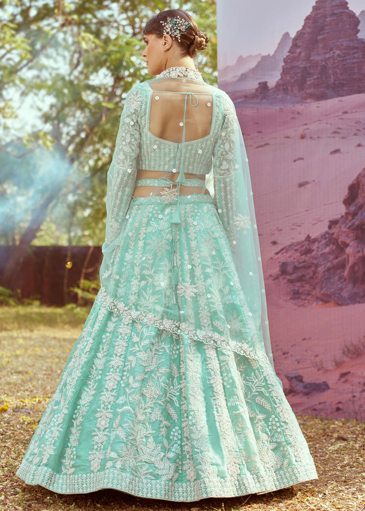 Sea green Organza Sequins embroidery Lehenga