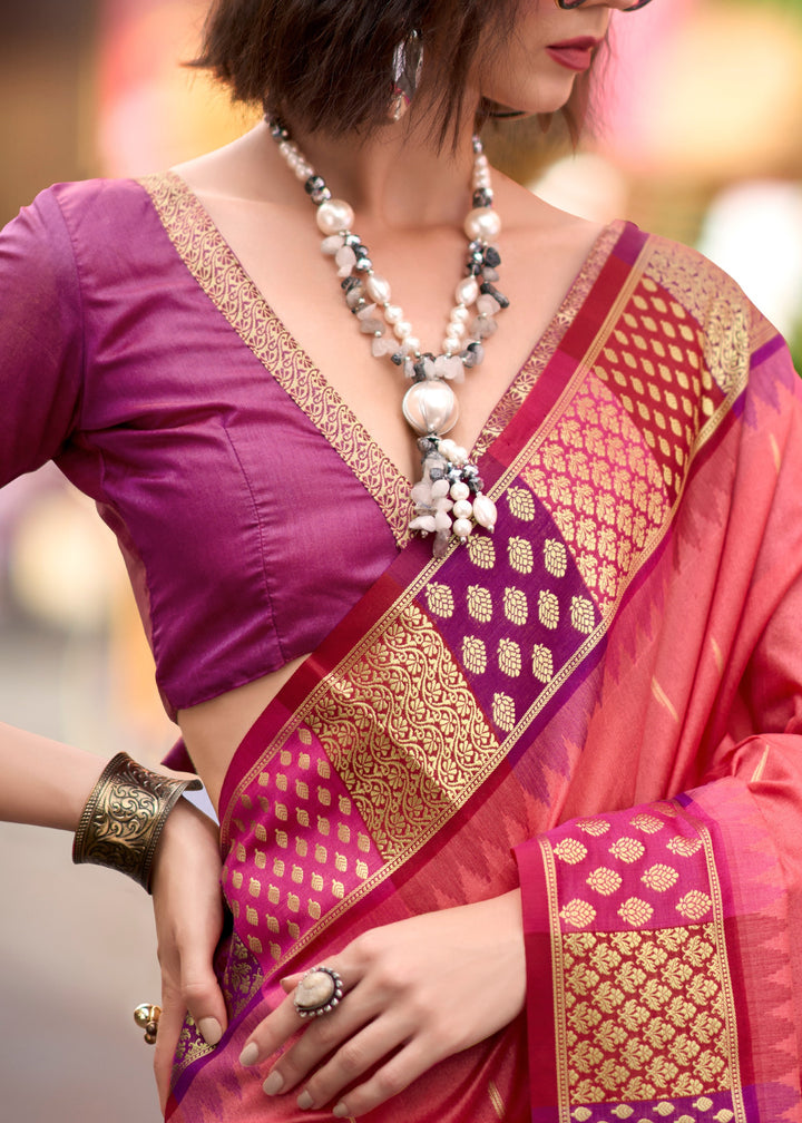 Vivid Peach Banarasi Silk Saree With Beautiful Contrast Border