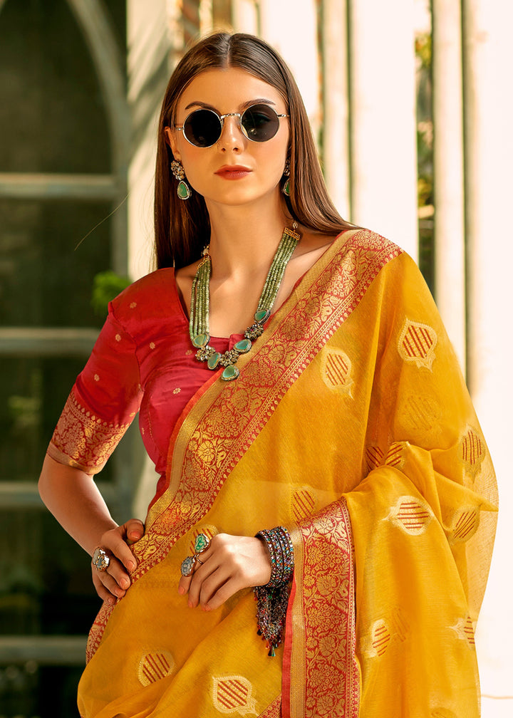 Dandelion Yellow Soft Tissue Silk Saree With Contrast Border