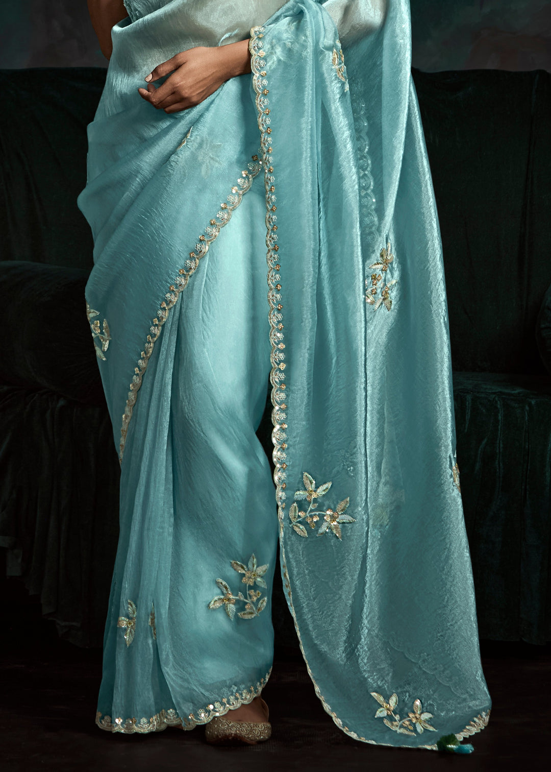 Aqua Blue Fancy Fabric Silk Saree With Sequins And Thread Embroidered Butti Work