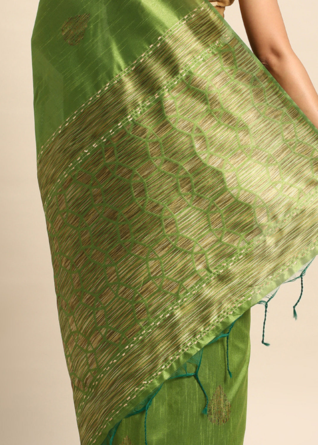 Waitrose Green Woven Handloom Raw Silk Saree