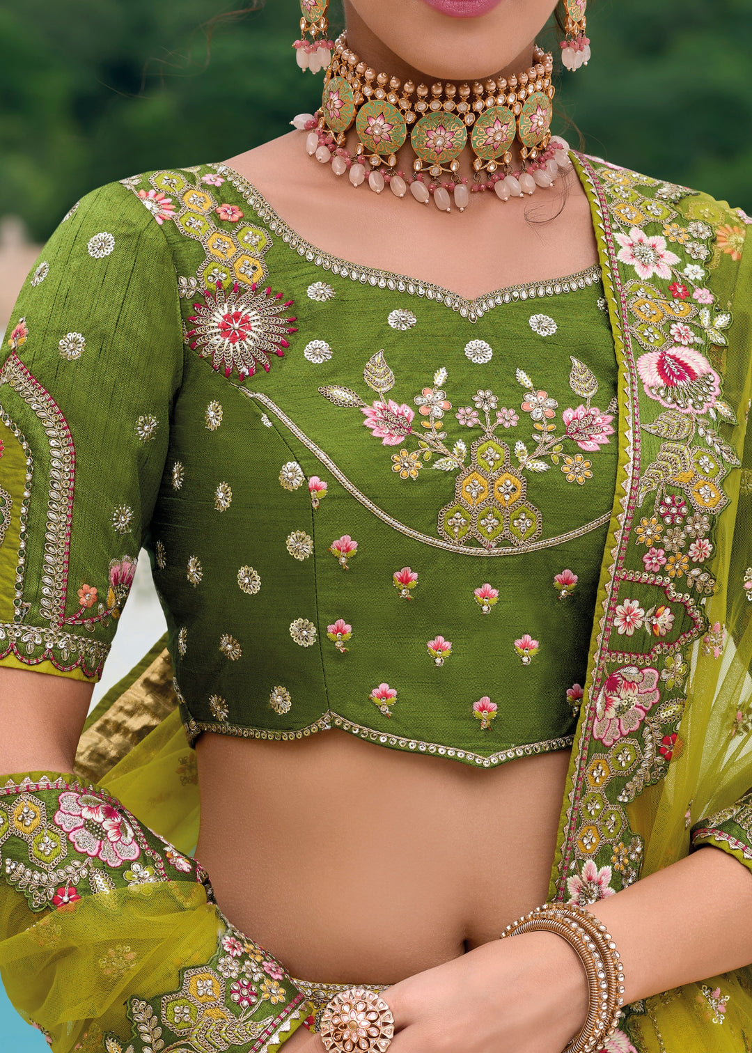 Moss Green and Yellow Viscose Tissue Lehenga Choli with Embroidery Work