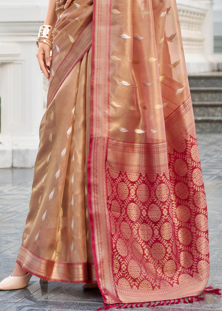 Shades of Red Tissue Silk Saree With Zari Weaving And Contrast Blouse