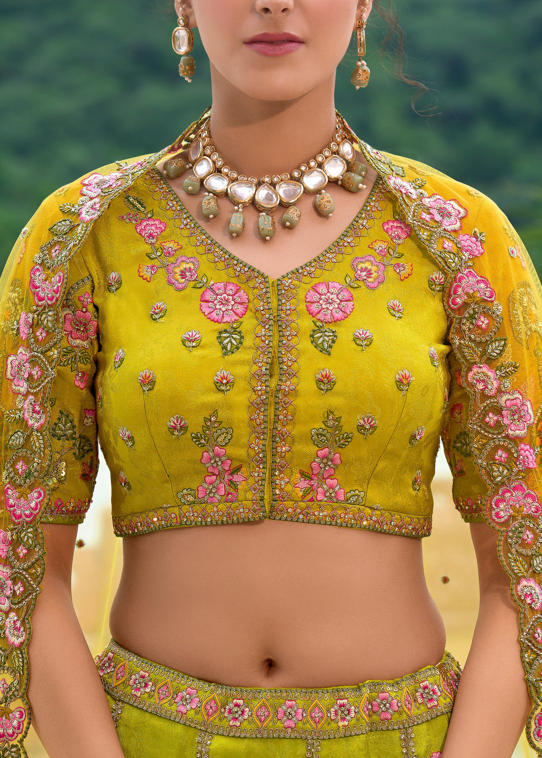 Cadmium Yellow and Green Viscose Tissue Lehenga Choli with Embroidery Work