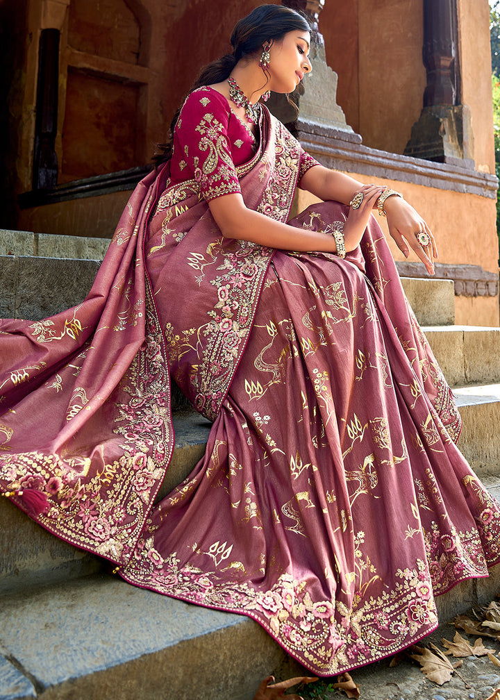 Mulberry Pink Tissue Silk Saree with Stone & Embroidery cut Work Border